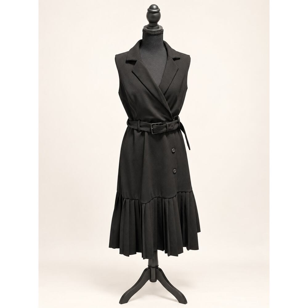 Calvin Klein Black Sleeveless Belted Pleated-Hem Dress — Size 10 NWT
